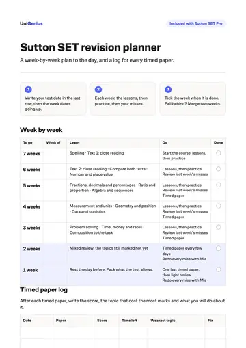 Page one of the Sutton SET revision planner